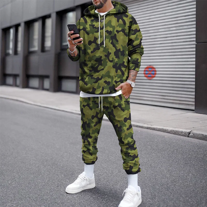 Camouflage Patterns Digital Print Men\'s Hoodies+Pants Tracksuit Two Piece Fashion Men Kids Fall/winter Casual Street Sweatshirt