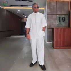 H&D New African Clothes For Men Tradition Clothing Embroidery Daily 2 Pcs Set Top Pant White Muslim Wedding Party Dashiki 2025