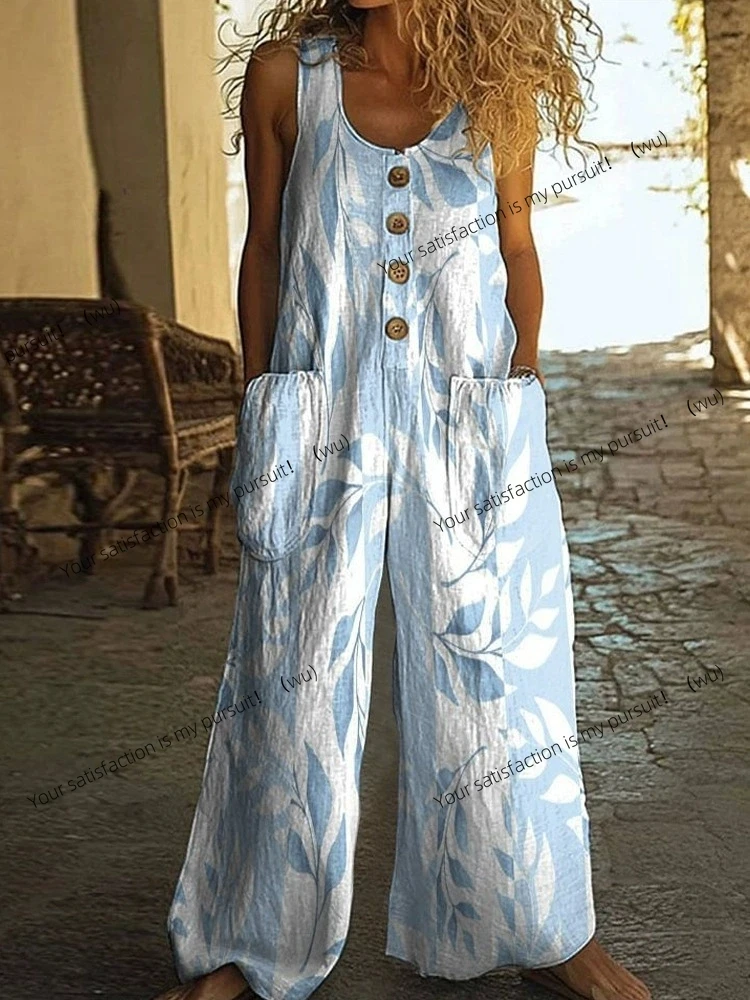 Vintage Print Tasten Ärmellose Overalls Frauen Sommer Neue Mode Temperament Lose Breite Beine Overall Dame Pendeln Kleidung