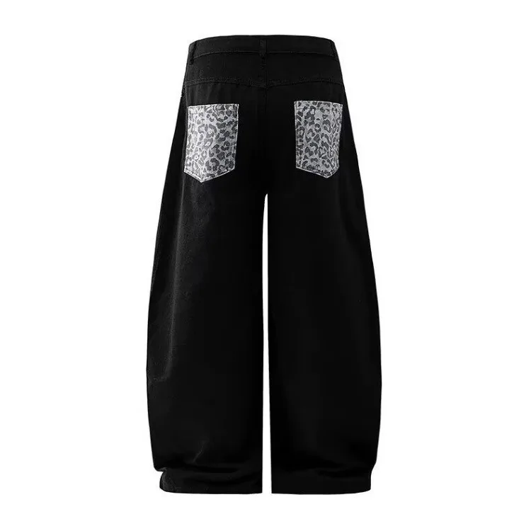 American Street Style Patchwork Leopard Print Pocket Splicing Knife  Wide Leg Jeans Men's Rivet Loose Fitting Trousers
