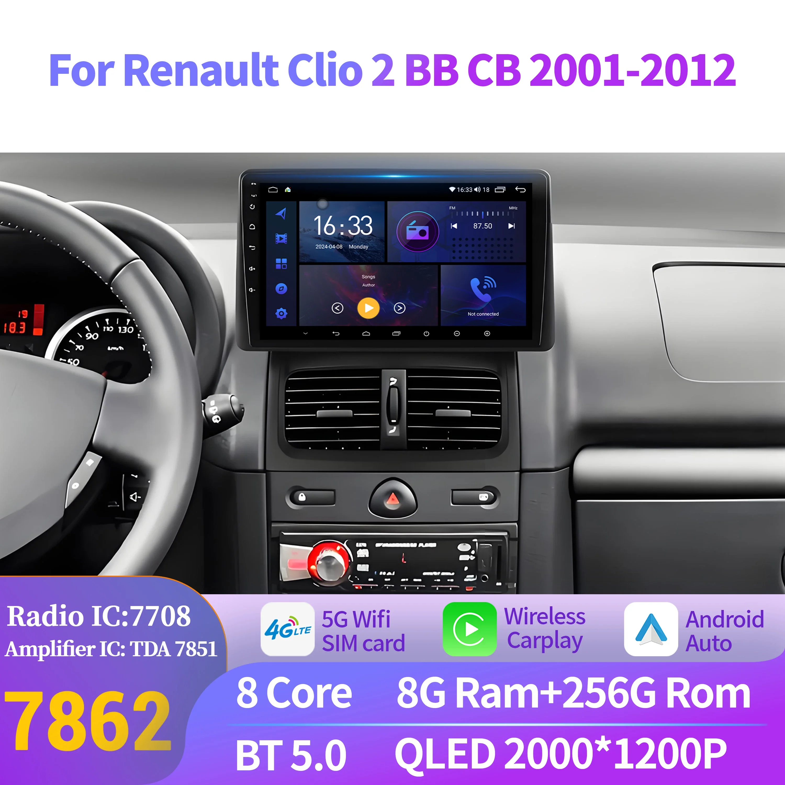 Android 14 Auto For Renault Clio 2 BB CB 2001-2012 Wireless Apple BT Carplay Car Radio Multimedia Touch Stereo 2K QLED Screen