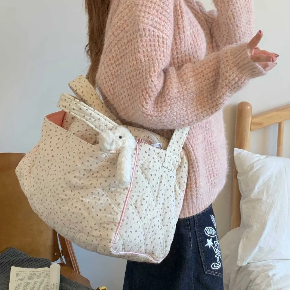 Floral Print Travel Hand Bag Large Capacity Dual Top Handles Cotton Duffle Bag Multi-Pockets Quilted Quilted Travel Bag
