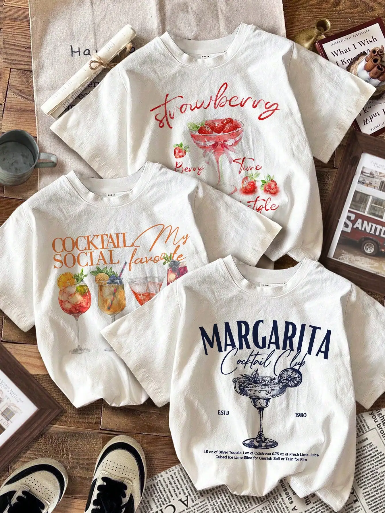 

3-Pack Women's Casual Crop Tops with Cocktail Print, Loose Fit, Cotton Blend, Summer Wear