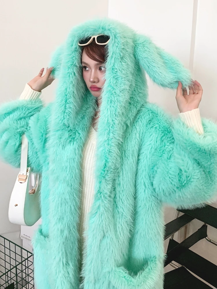 

Female Mint Green Faux Fur Coat Long Loose Cute Bunny Ears Hooded Lady Shaggy Outerwear Women's Winter Coats Promotion