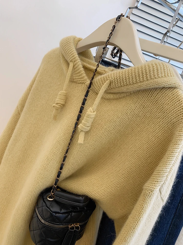 Women Sweater Autumn Winter Fashion Long Sleeve Tops Casual Loose Hooded Knitted Pullovers Korean Lazy Style Solid Color Sweater