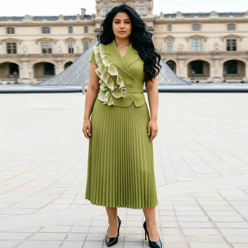 ANLAN Short Sleeve Ruffle Nothced Collar Pleated Fake Two Piece Women's Dress Elegant Belted Midi Dresses Formal Wear 5AN1302