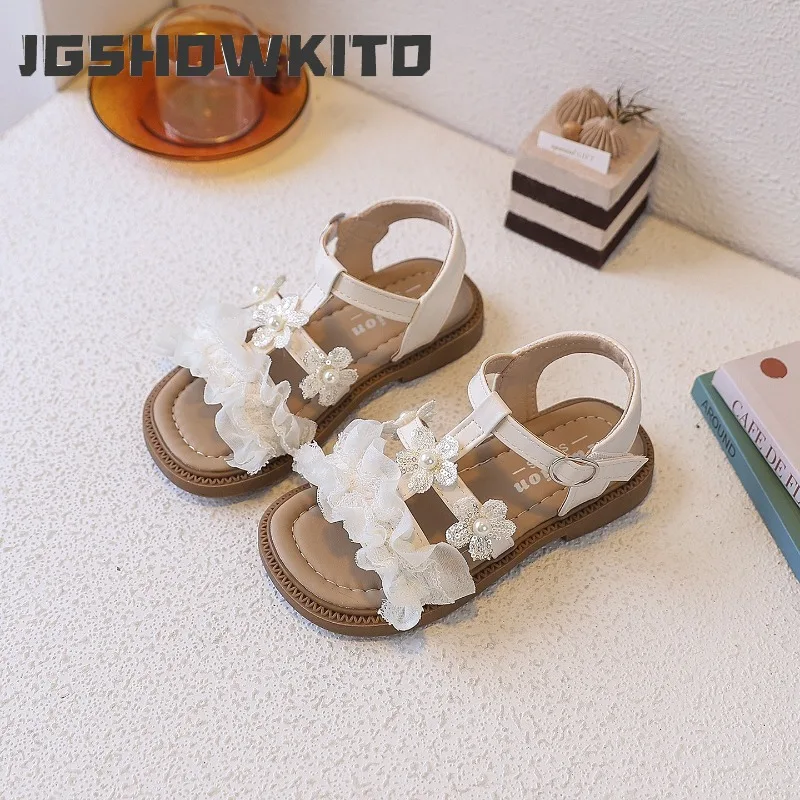 JGSHOWKITO Girl Summer Elegant Sandals Lace Ruffled Edge Children Princess Perform Shoes Chic Flower Kids Hollow-out Flat Sandal