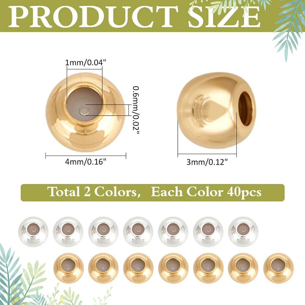 80Pcs Brass Stopper Beads with Rubber Inside 18K Gold Plated Slider Beads 4mm 925 Sterling Silver Round Positioning Spacer Beads