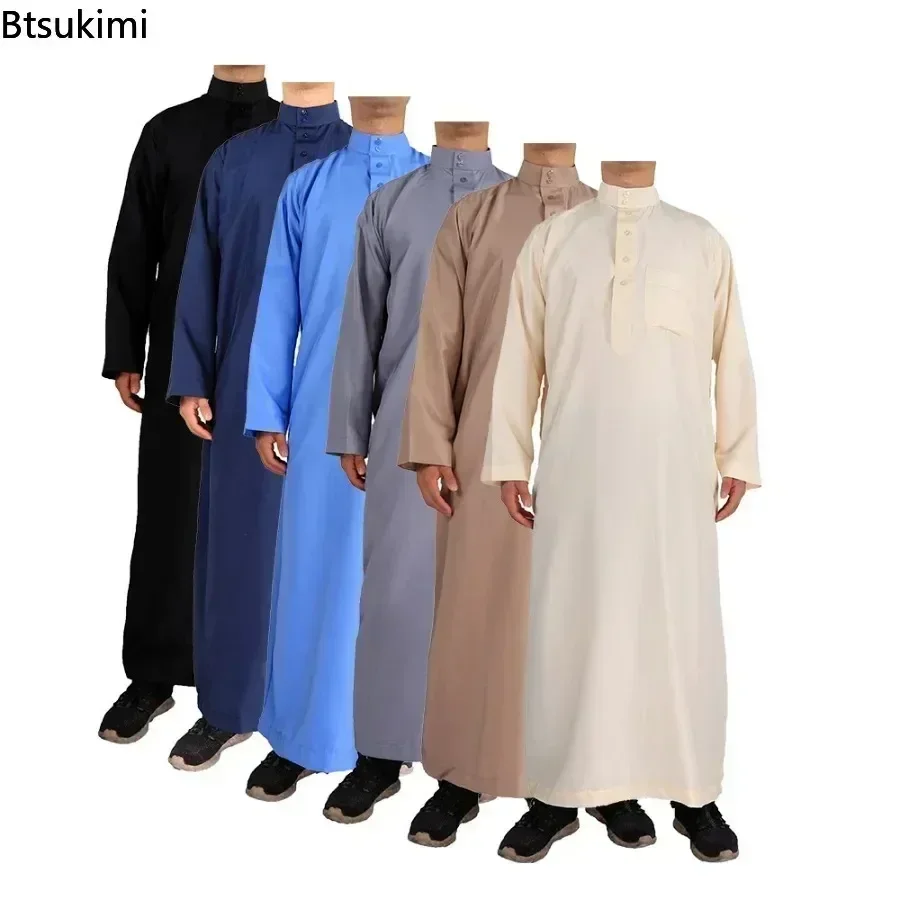 New 2024 Middle East Muslim Men Dress Long Sleeve Jubba Thobe Ramadan Eid Dishdasha Robe Muslim Islamic Kaftans Arab Clothing