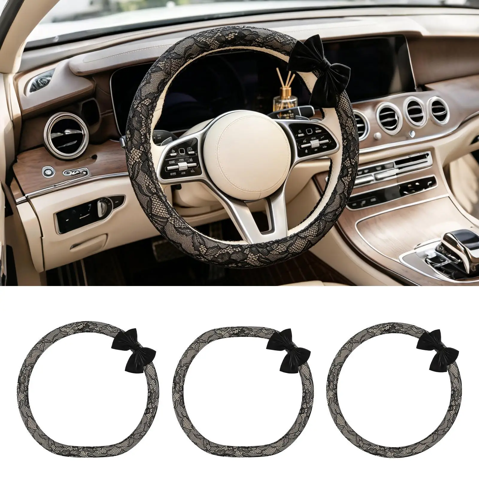 Lace Steering Wheel Cover 38cm Bow Design Cooling Steering Wheel Wrap For Women Ladies Wives Drivers Trucks Sedans SUVs RVs City