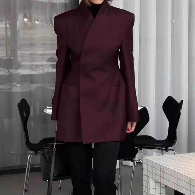 Women Fashion High Street Temperament Outerwear Casual Pocket Solid Color Jackets Elegant Stand Collar Long Sleeve Blazer Coats