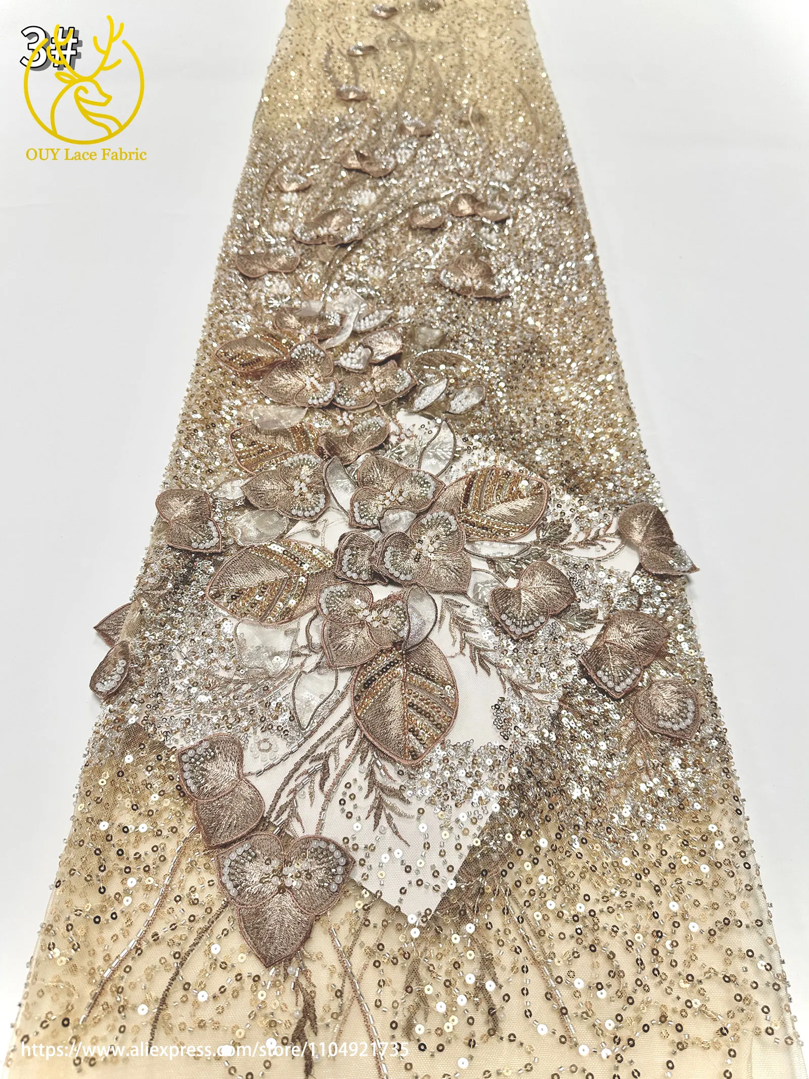 Französischer Luxus 3D-Blumen-Stickerei-Spitzenstoff 2026 Afrika Nigeria Pailletten-Perlen-Spitzenstoff für Braut-Hochzeitskleid Nähen – Detail 17