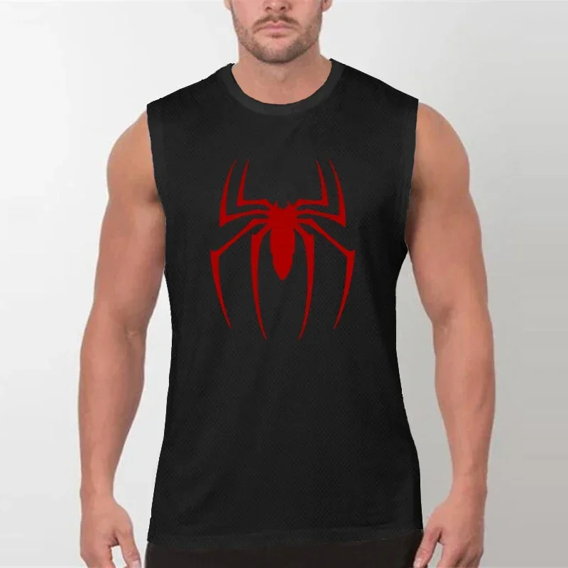 Summer Mesh Breathable Quick Dry Sleeveless Casual Shirts Red Spider Printed Gym Bodybuilding Vests Mens Fitness Sport Tank Tops