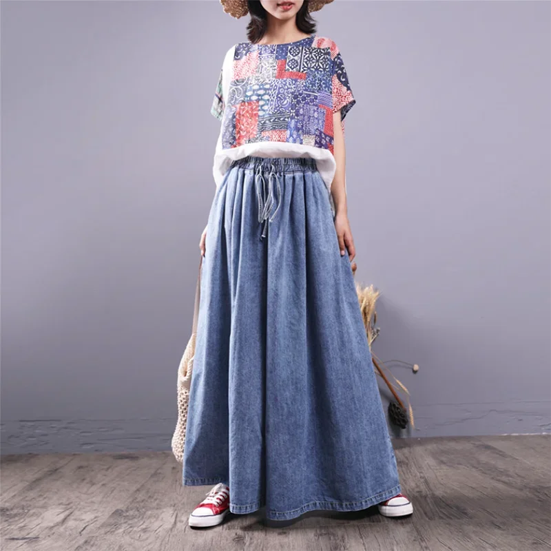 Authentic Casual Denim Wide-Leg Pants for Women, Elegant Mop Jeans, Loose Lace-Up Elastic Waist Jeans, Spring Autumn, New, B370