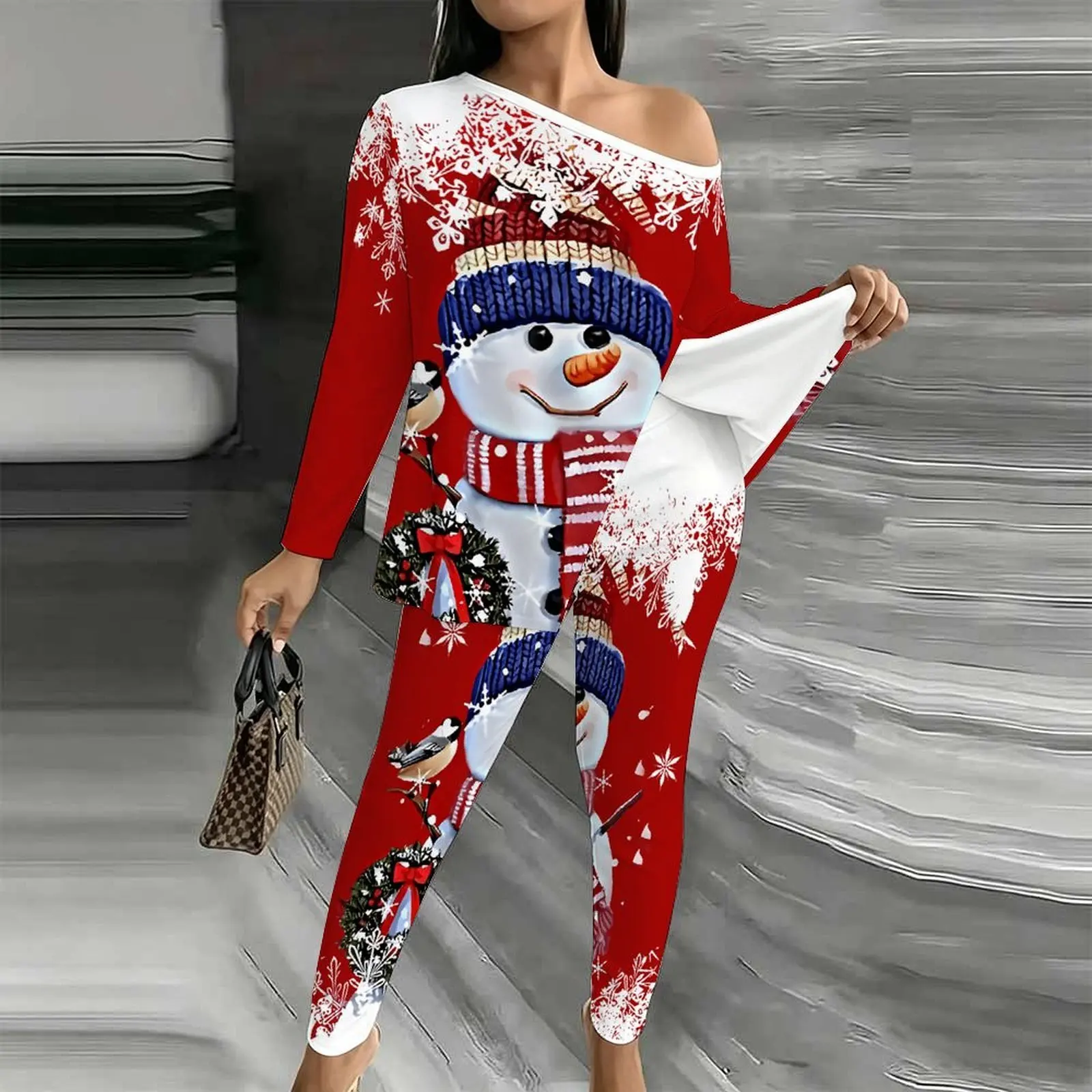 Autumn Printed Two-piece Set Off Shoulder T-shirt Winter Women's Diagonal Collar Long Sleeved Christmas Jogging Pants