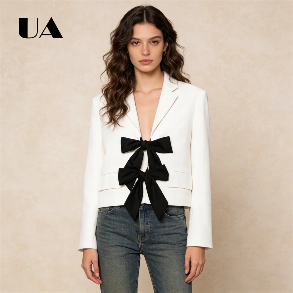 

Women White Cropped Blazer Long-Sleeve Lapel Jacket with Black Double Bows Chic Casual Office Party Fashion Contrast Blazer