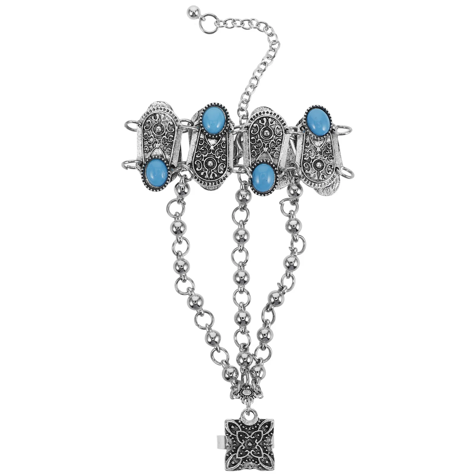 

Boho Hand Chain Bracelet with Turquoise Gemstones Vintage Finger Ring Ethnic Adjustable Jewelry for Women Festival