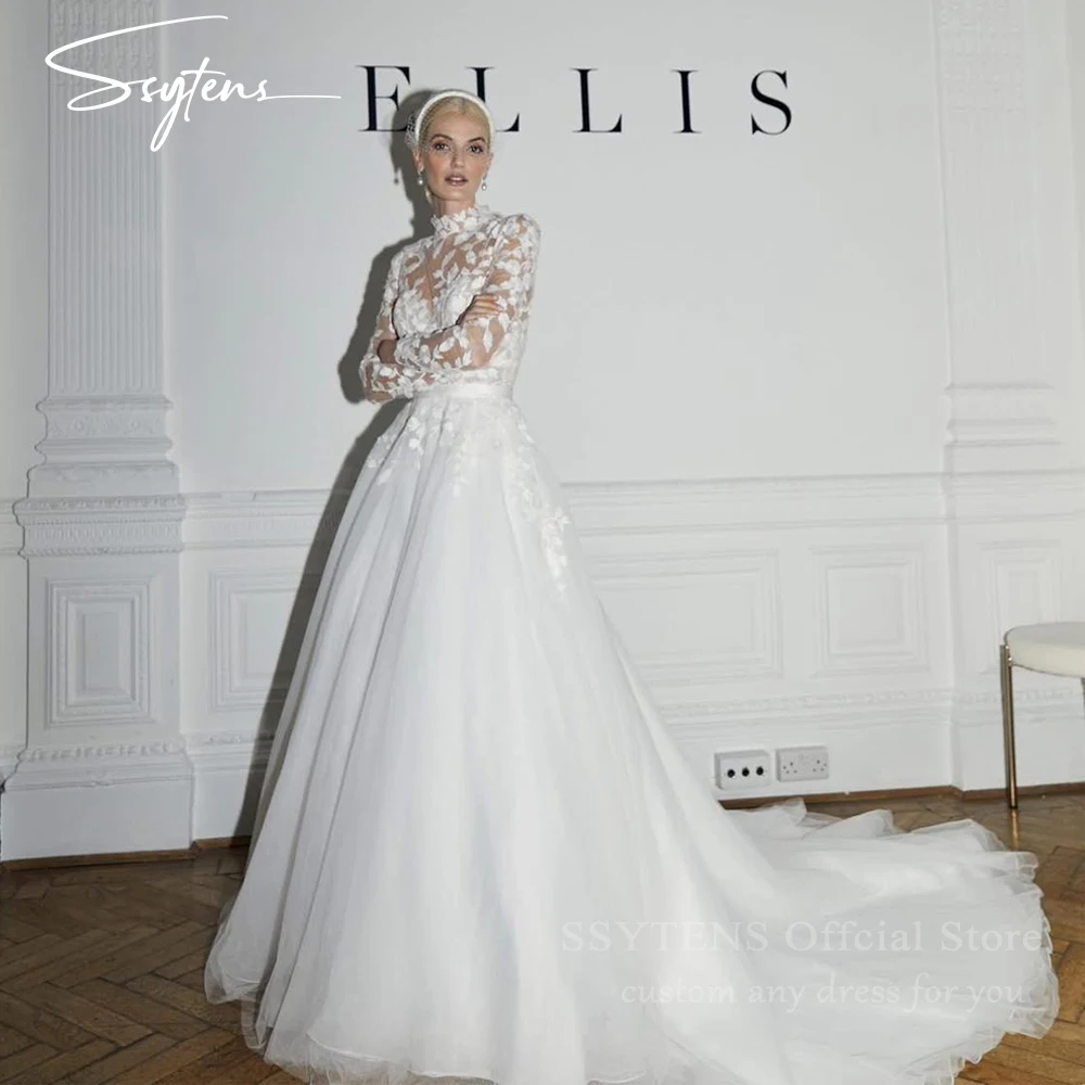 SSYTENS-vestidos De novia blancos Vintage para mujer, vestido De novia De cuello alto, mangas largas, corte en A, apliques, personalizado, 2026