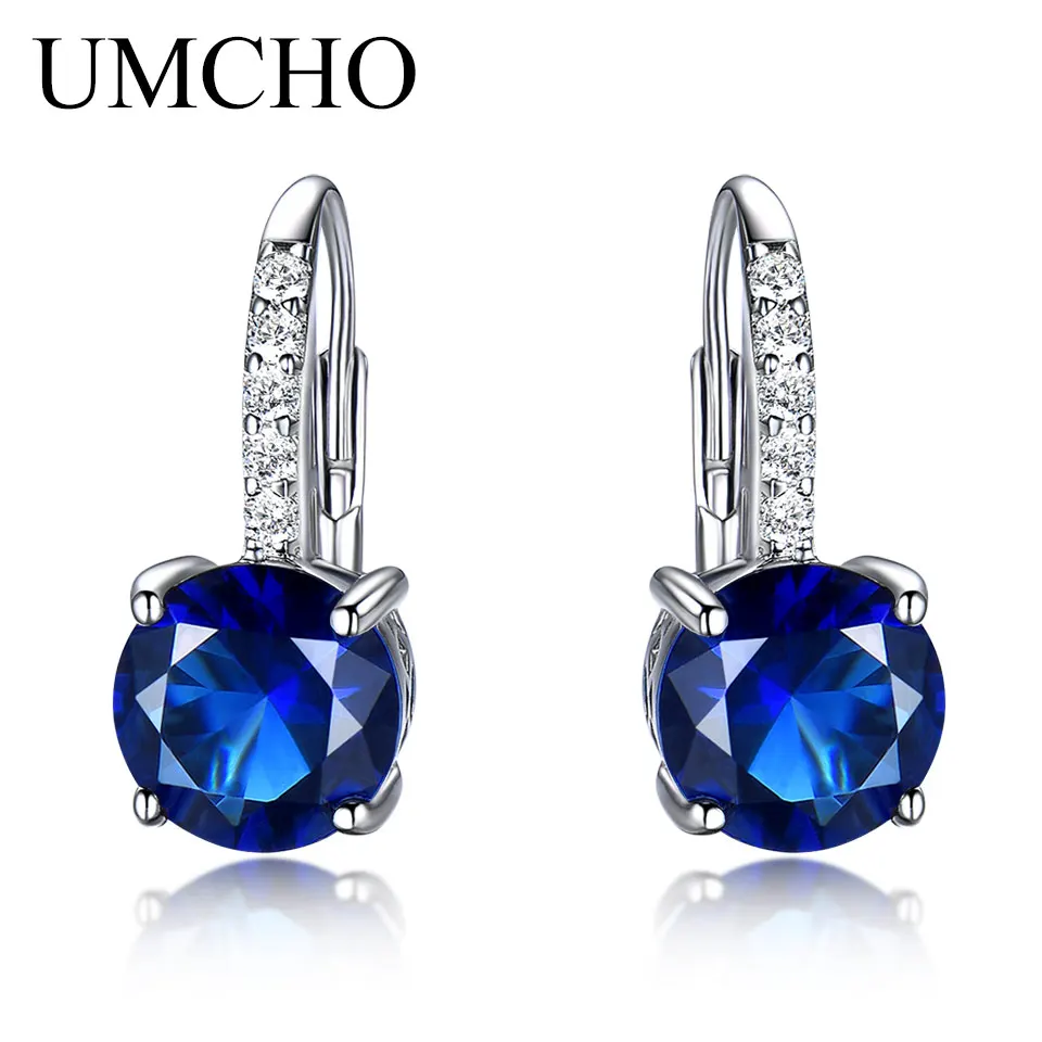 UMCHO Solid 925 Sterling Silver Created Blue Sapphire Gemstone Clip Earrings For Women Wedding Engagement Party Fine Jewelry New