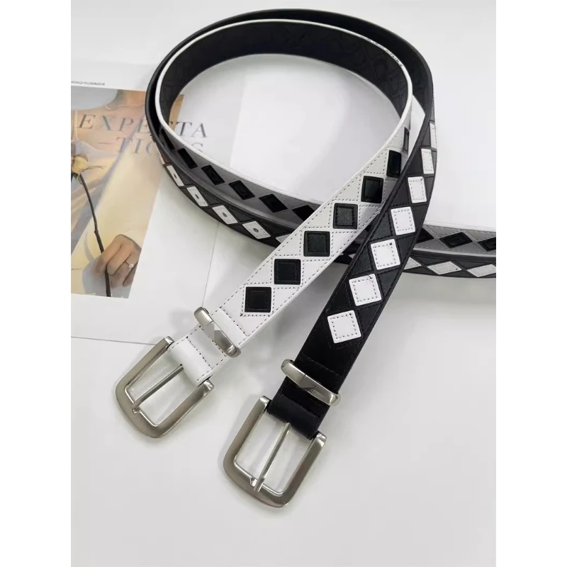 

Классические ремни из искусственной кожи с узором в клетку для женщин и мужчин, унисекс, для джинсов, роскошные дизайнерские, оптом, белые и черные ремни