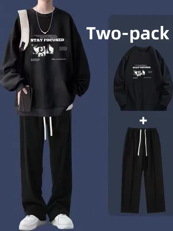 

Cool Men's round Neck Sweatshirt Set Straight Leg Pants Long Sleeve Casual Sportswear Two-Piece Set for Teenagers
