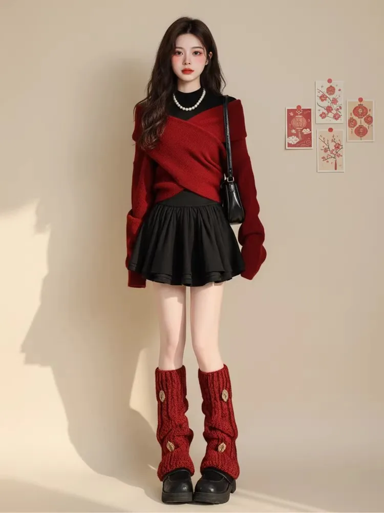 레드 크로스 디자인 니트 여성용 겨울 신년 의상 슬림 A라인 스커트 V넥 롱 슬리브 탑