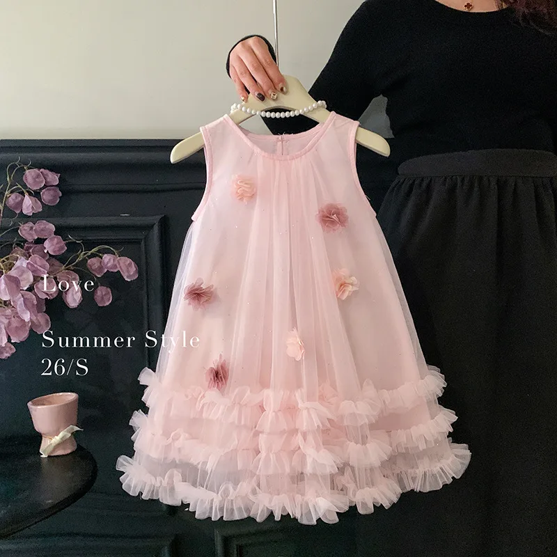 2026 Summer Dress for Girls Sleeveless Sweet Peach Pink Colorful Bow Mesh Skirt for Girls Treasures Sweet Dress