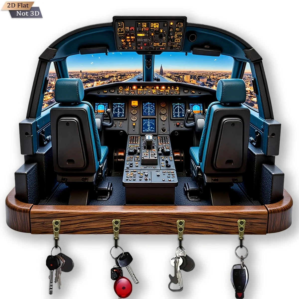 2D Flat, 1pc, Airplane Cockpit Theme Key Hook Wooden Multifunctional Home Key Holder with 4 Metal Hooks, Wall Decoration, Porch