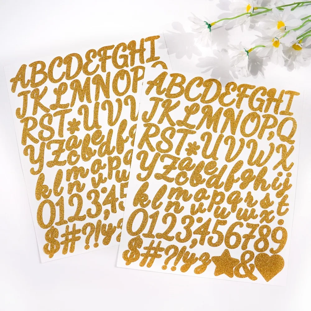 5 Blatt glitzernde Buchstaben-Aufkleber mit englischem Buchstaben A-Z, 2/1,5 Zoll, funkelndes Alphabet, große Buchstaben-Aufkleber, Herz, selbstklebend