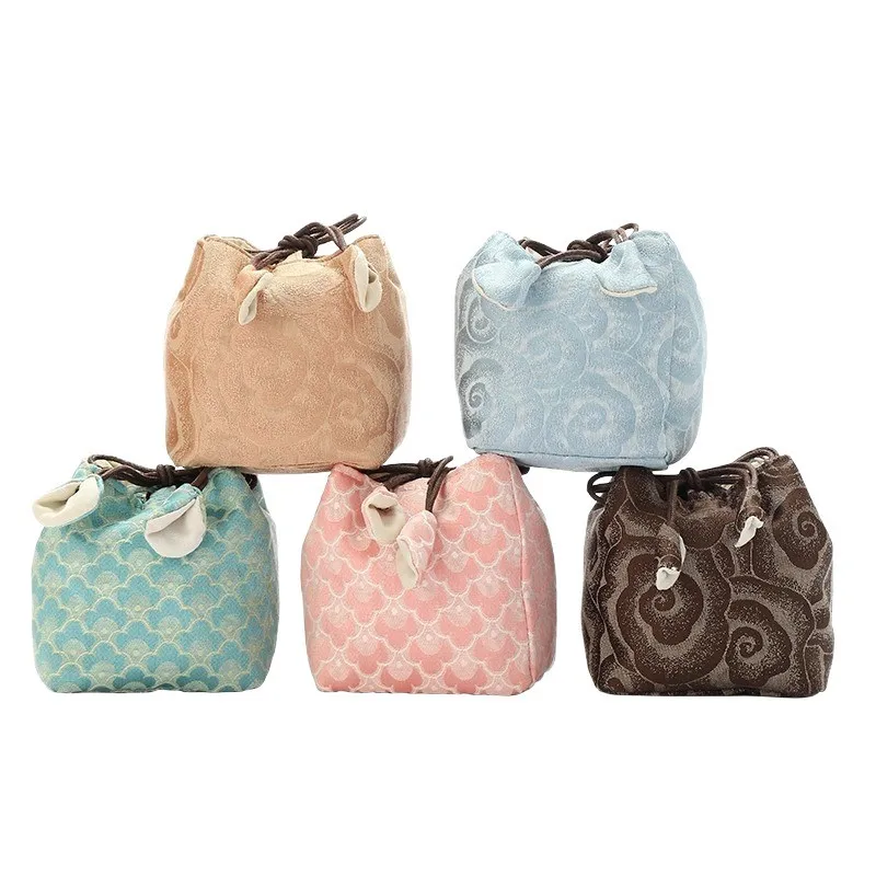 New Chinese Style Tea Set Storage Bag Thickened Embroidered Candy Storage Bag Portable Teapot Cloth Pouch Teacup Drawstring Bag