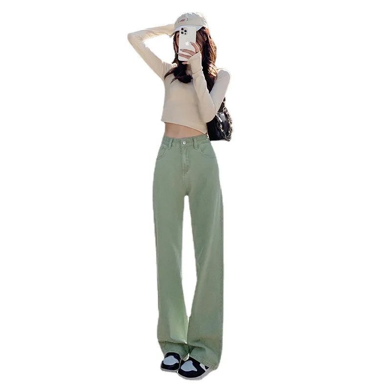 Mint Green High Waist Wide Leg Jeans Summer Y2k Women\'s Jeans Cotton Elastic Loose Mopping Straight Trousers Skinny femme