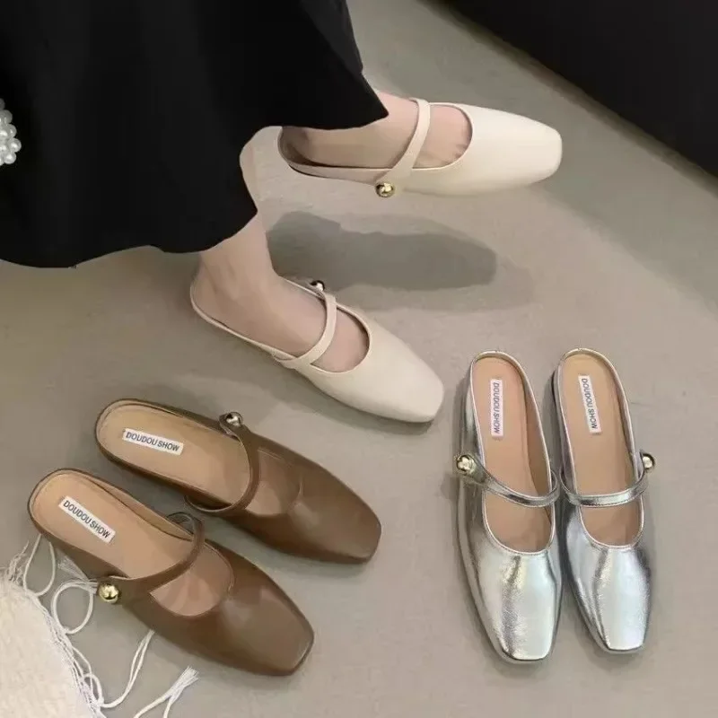 

Soft Leather Ins Silver Buckle Strap Casual Shoes Fashion flats elegant glitter metallic mules shoes cover Toe Slippers