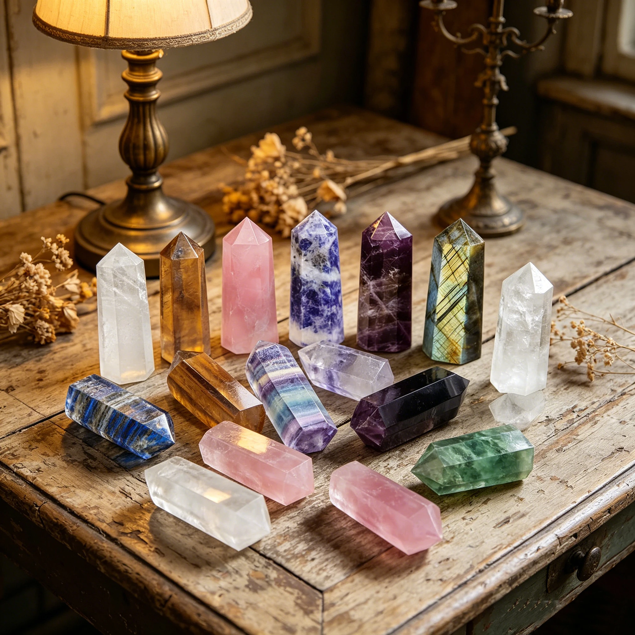 Natural Crystal Tower Point Set 10Pcs 6 Faceted Obelisk Wand Clear Quartz Rose Quartz Sodalite Amethyst Labradorite Lapis Lazuli Tiger Eye Fluorite Obsidian Green Fluorite Home Decor Desk Ornament Room Decor Collectible Specimen Christmas Gift Gift Set