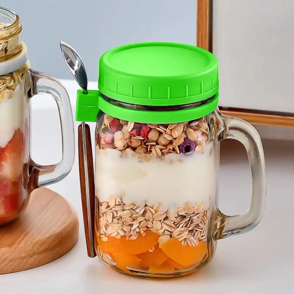 Overnight Oats Jars with Lids Yogurt Pot 450ml Wide Mouth Glass Breakfast Jar with Spoons & Handle Leakproof Container