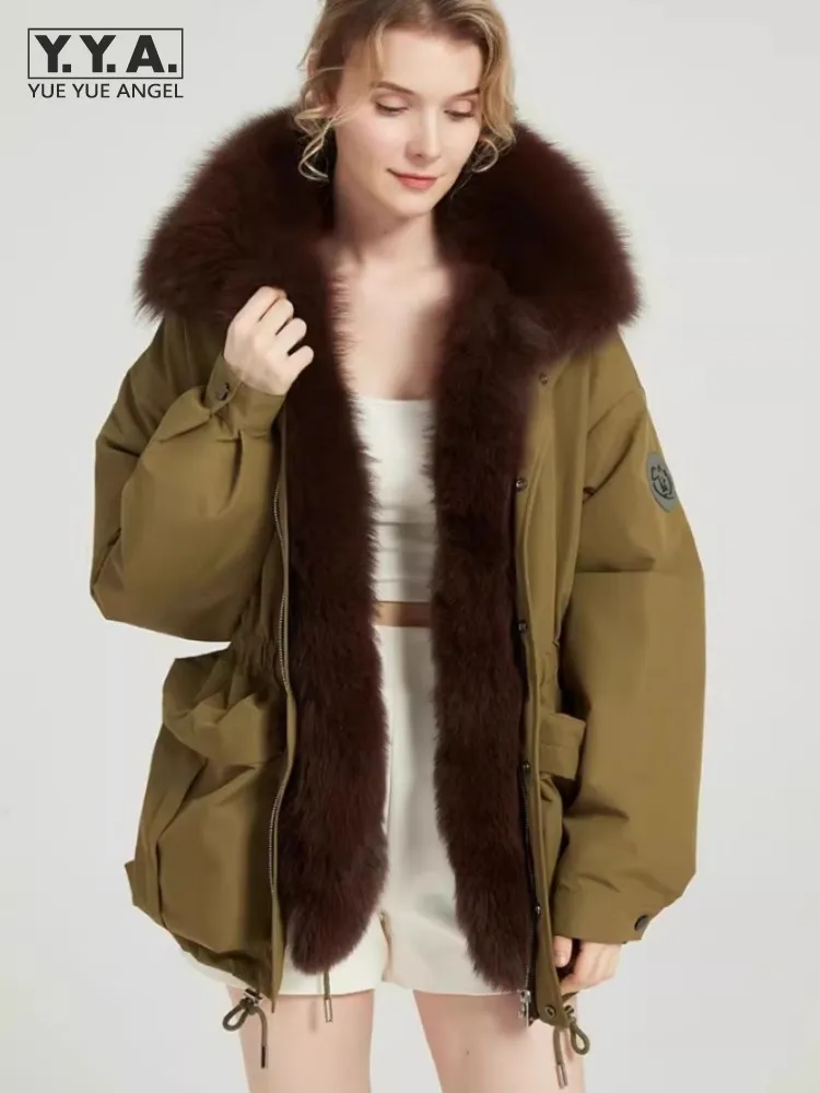 Designer New Winter Women Down Coat Warm Fashion Luxury Fox Fur Collar High Waist Cargo Jacket Street Female Casual Overcoat