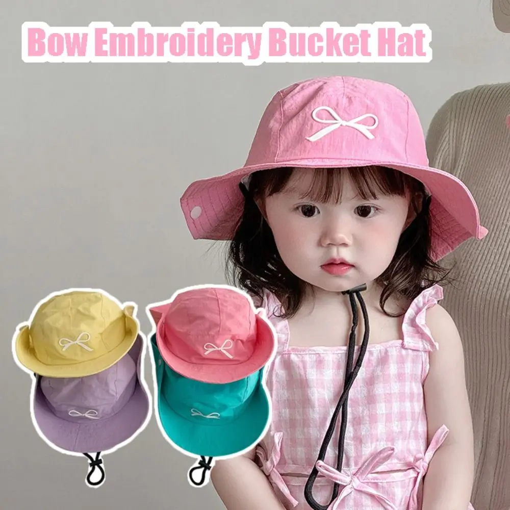 

Korean Style Candy Color Bucket Hat Quick-dry Bow Embroidery Summer Kid Sunhat Shading Hat Anti-UV Sun Hat
