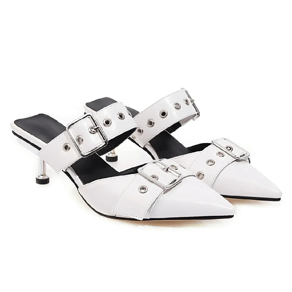 Big Size Women Sandals White Black Microfiber High Metal Heels Mules Pointed Toe Slip-on Summer Lady Eyelet Buckle Punk Slippers