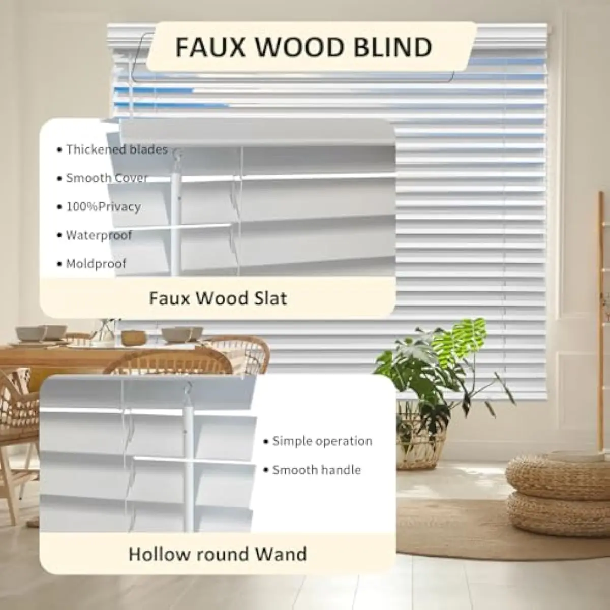 Cordless Engineered Wood Window Blinds 45 Inches Wide by 72 Inches Tall with 2 Inch Horizontal Slats Room Darkening Semi-Sheer D