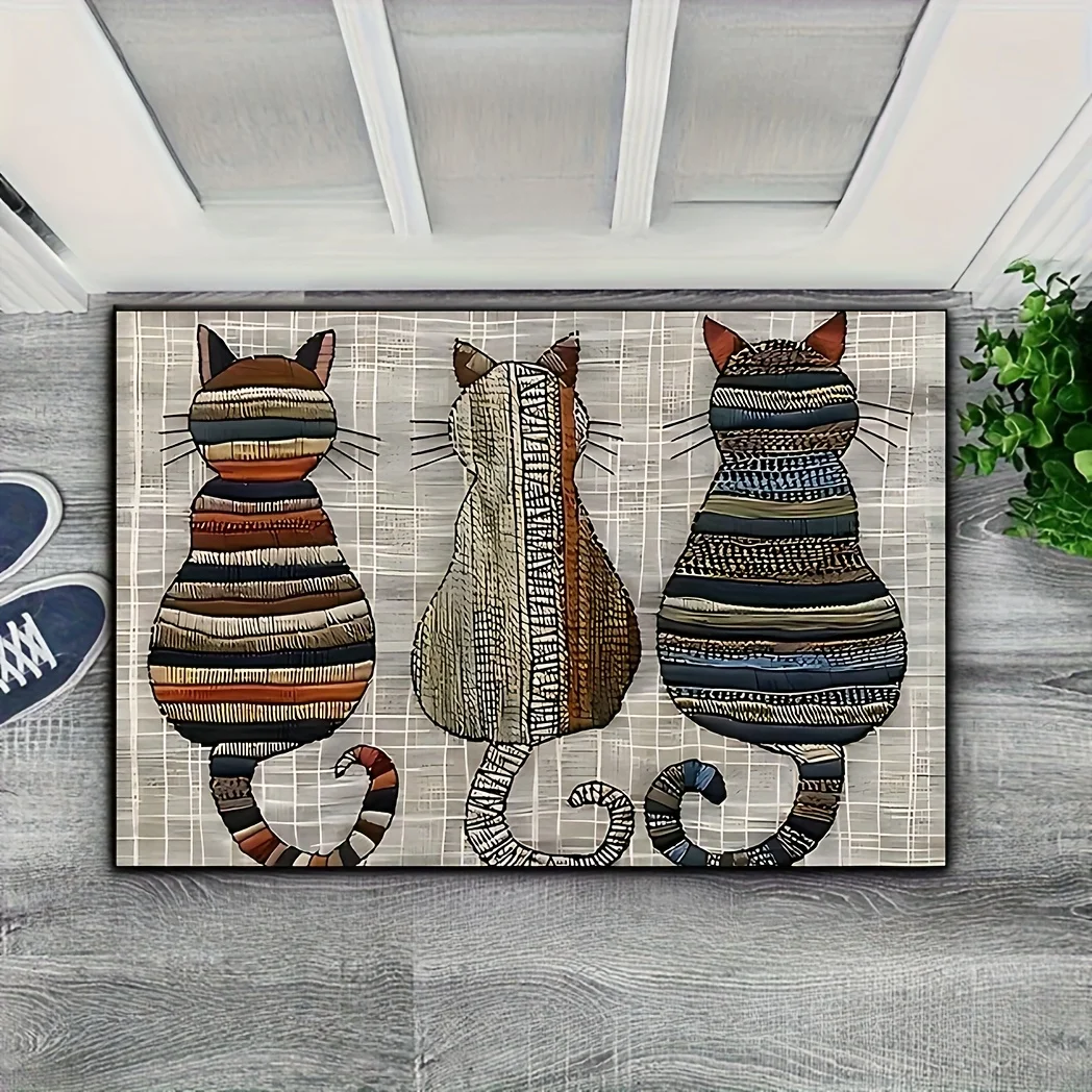 VIKAMA Bohemian Striped Cat Print Anti-Slip Floor Mat, Absorbent Door Mat for Entrance Hall, Kitchen and Home Decor
