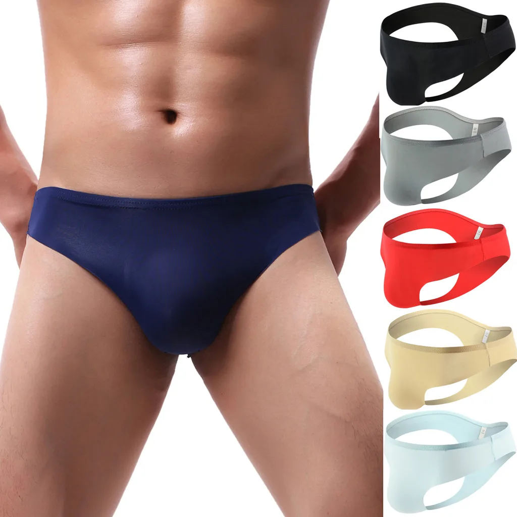 Sexy Ice Silk Panties Men\'s Briefs Seamless Bulge Pouch Underwear Male Gym Sport Underpants Low Waist Stretch Slips Homme