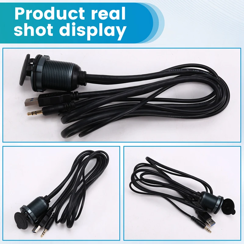 Dashboard USB 3.0+3.5Mm Jack Male To Female Extension Cable Flush Mount Panel Aluminum Alloy With Indicator Light