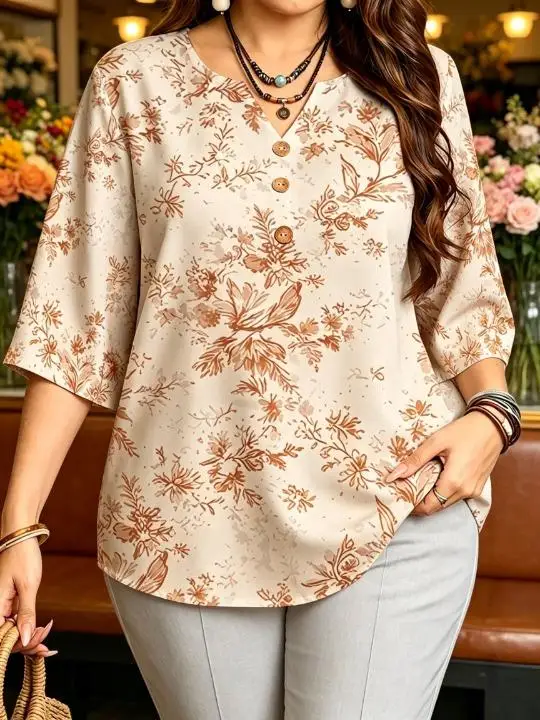 Women Ink Floral Printed Blouses Notch V Neck 3 Decor Half Buttons 3/4 Sleeve Lightweight Vacation Tops
