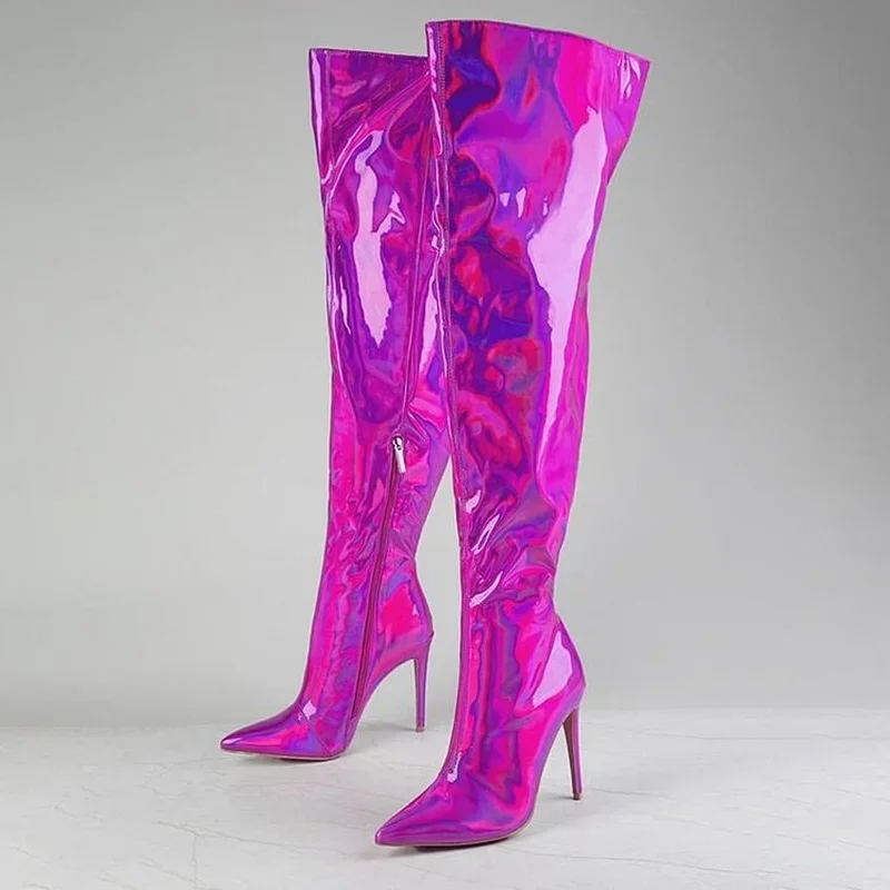 Purple Fluorescent Thigh High Boots Hologram Iridescent Pointed Toe Wide Calf Stiletto High Heels Winter Tall Boots