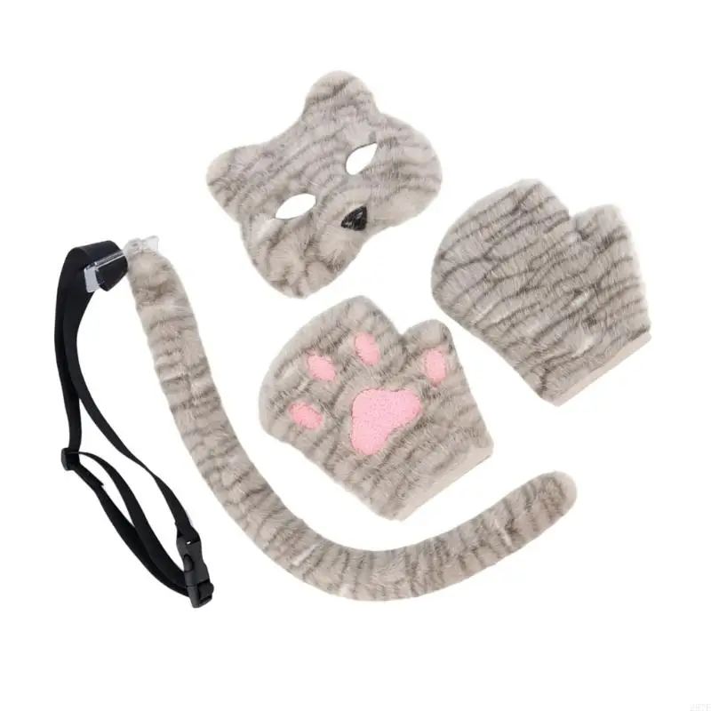 2025 New Therians Mask and Tail Gloves Halloween Cosplay Costumes Accessories Cats Mask Half Face Furs Foxes Tail Cats