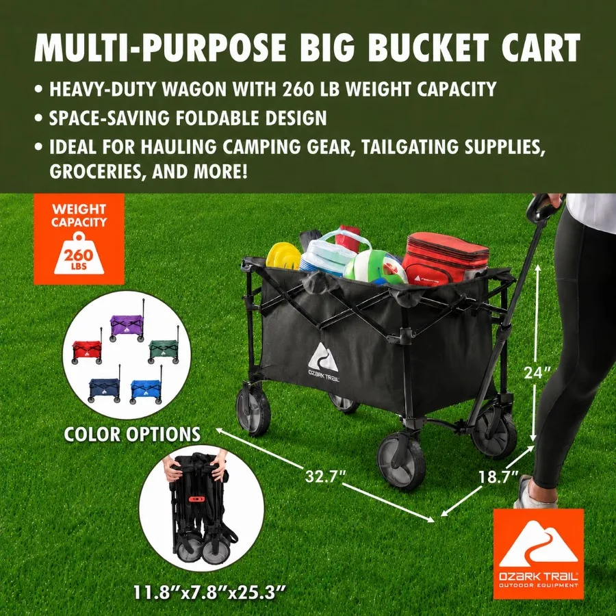 Ozark Trail Multi-Purpose Big Bucket Folding Wagon Cart, Black