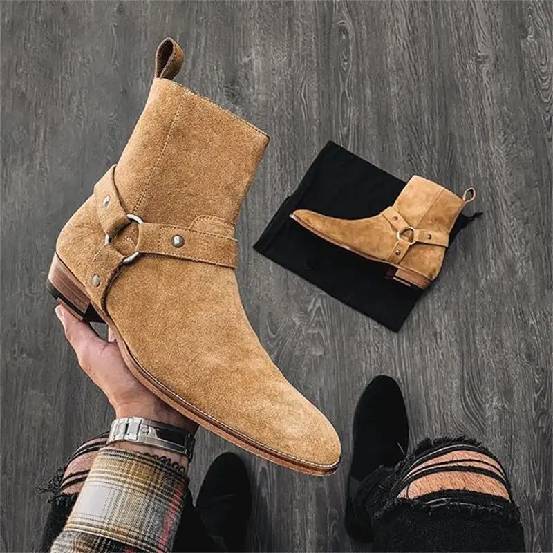 Brown Men Chelsea Boots Handmade High-quality Cow Suede Business Casual Square Toe Mid-heel Men Shoes Motorcycle Boots With Heel