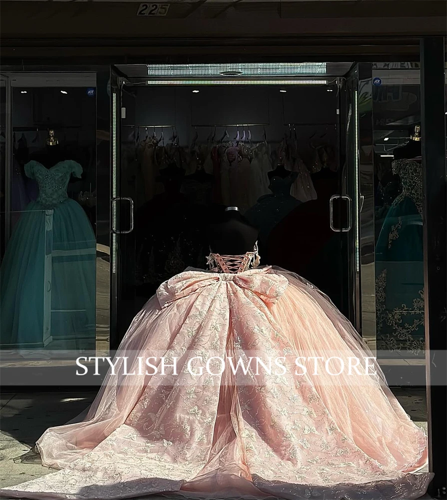 Mexico Pink Sweetheart Ball Gown Quinceanera Dresses For Girls Butterfly Birthday Party Gowns Beaded With Bow Customized