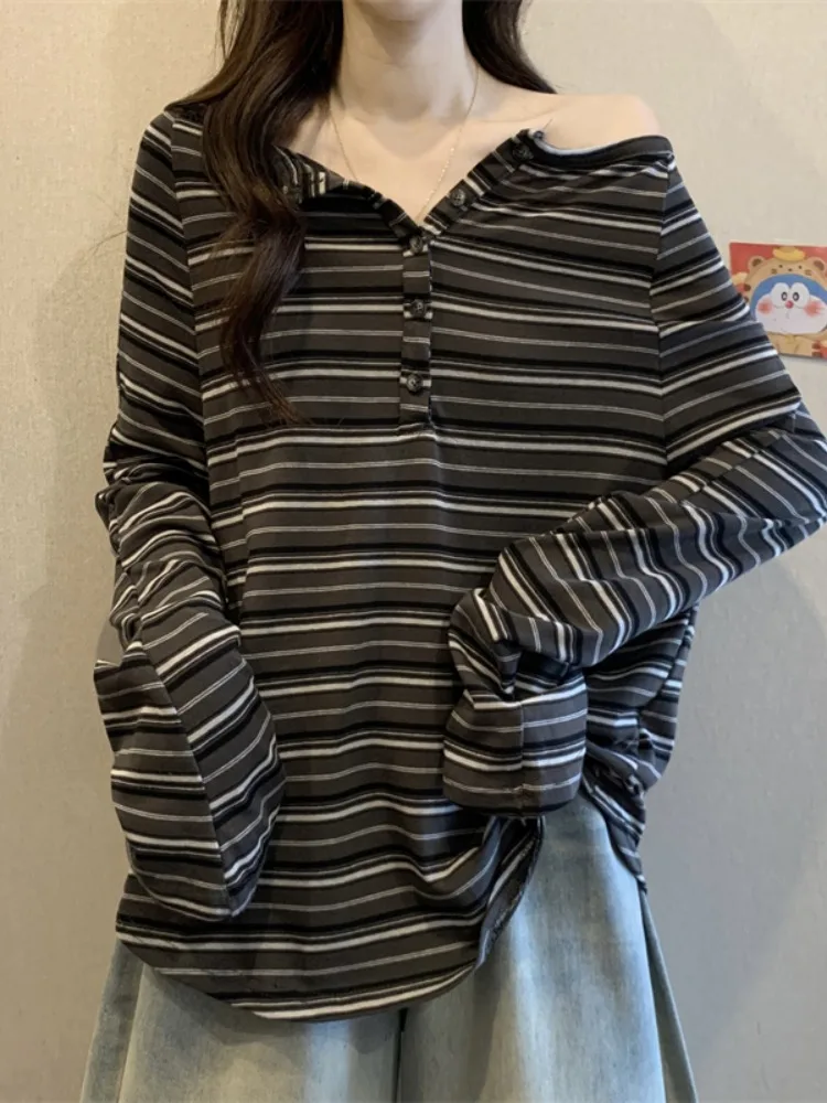 Retro Striped Off-oulder Long Sve T-irt Women's Loose Comfortable Slimming Top Early Spring New Sle Casual Cotton