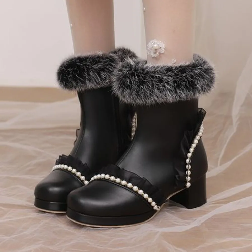 2026 Women's Lolita Ankle Boots Faux Fur Cuff Ruffle Pearl Decor Round Toe Low Chunky Heel Cute Winter Warm Boots for Girls