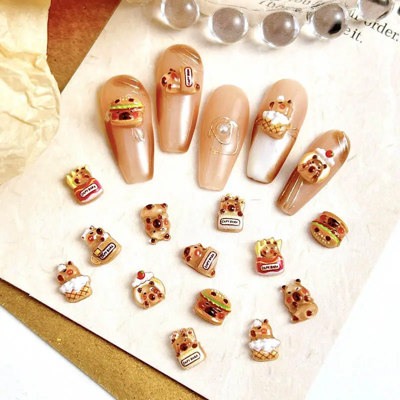 50pcs Resin Cartoon Cute Hamster Series Nail Charms Creative Hamburger Cake Delicacy Guinea Pig Nail Art Decoration DIY Maincure